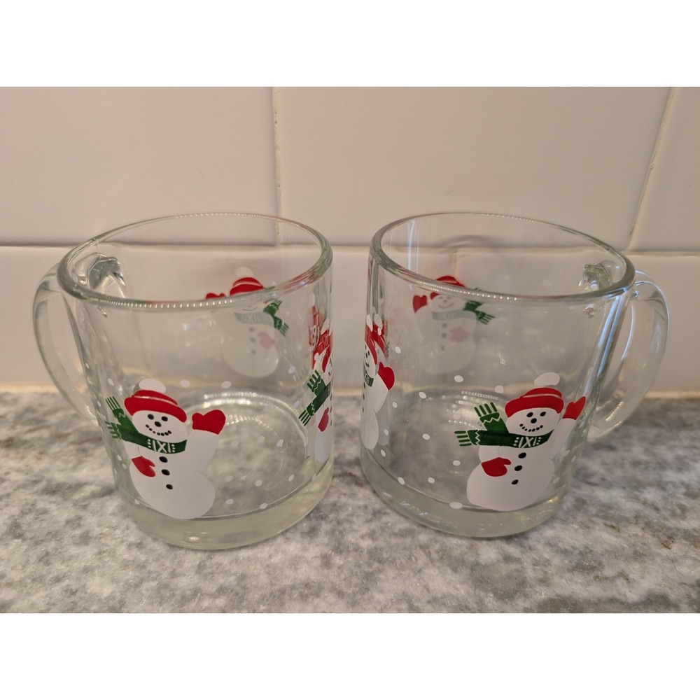 2 Vintage Clear Glass Snowman Cocoa Coffee Mugs,‎ Made In The USA